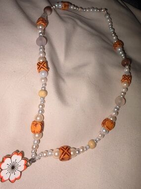 Handcrafted Orange and Pearl Beaded Choker or Kids Necklace with Flower Pendant